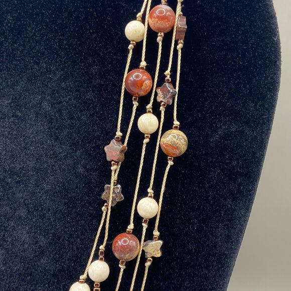 Multi Strand Braided Cord Necklace w/ Red & Beige Round/Star Jasper Stone Beads - Picture 6 of 6